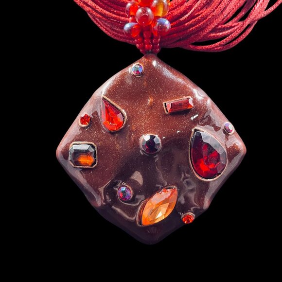 Boho Statement Necklace Earrings Set Red Gem Chunky Pendant Festival Jewelry - Picture 5 of 10